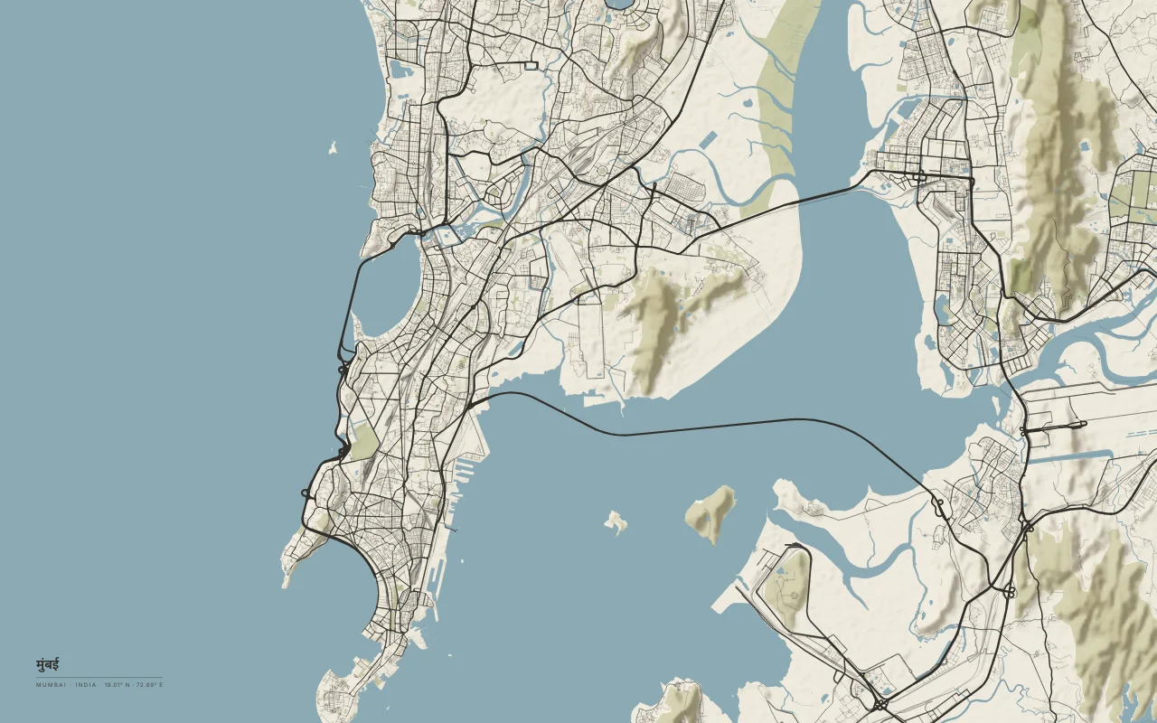 Mumbai Metro in the Paper palette: A peninsula of joined islands between the Arabian Sea and Thane Creek.