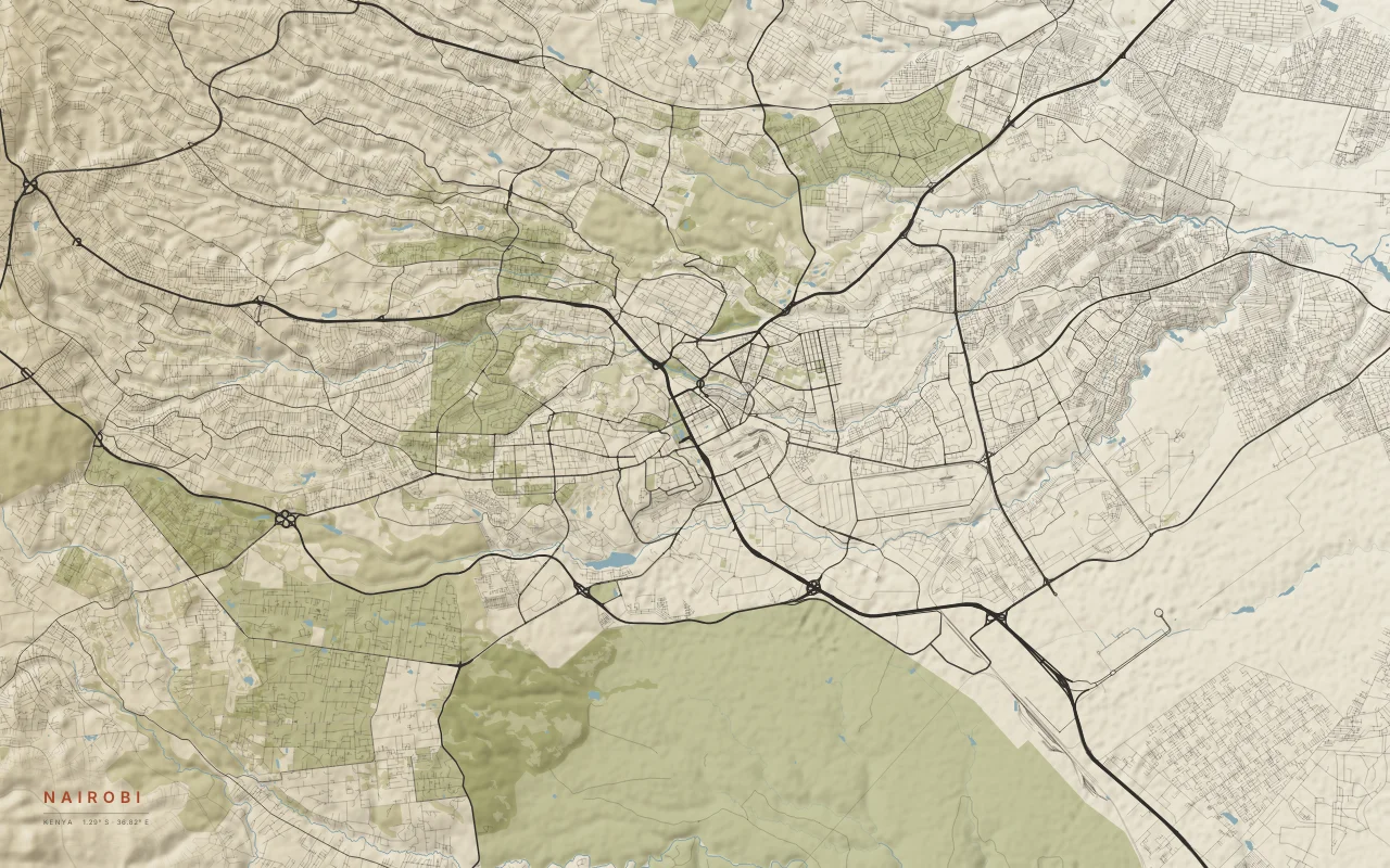 Nairobi Metro in the Paper palette: A highland city with Nairobi National Park at its southern edge.