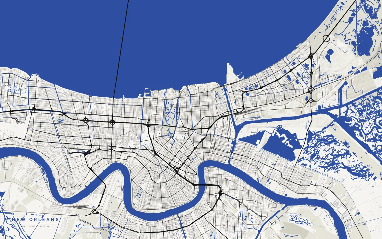 New Orleans Metro in the Ink and River palette: The city in a bend of the Mississippi, with Lake Pontchartrain to the north.
