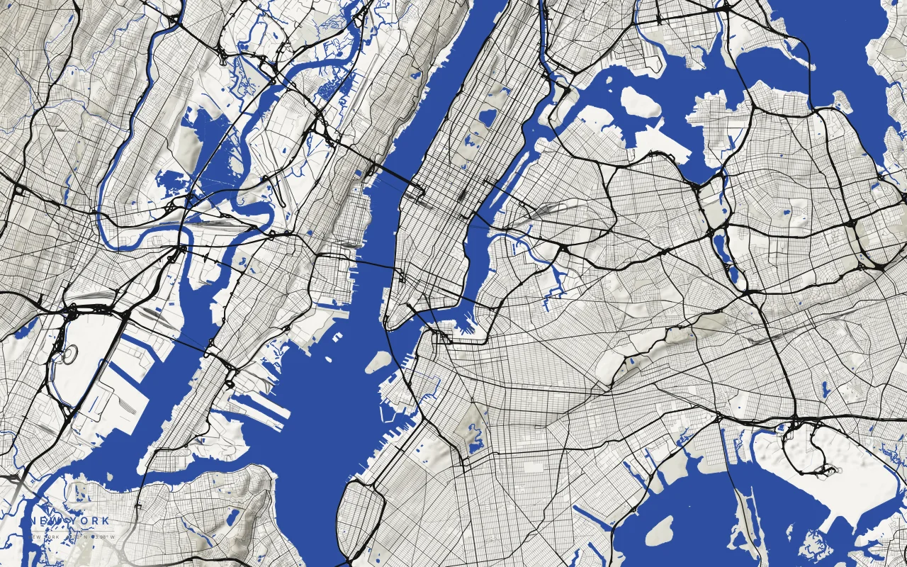 New York Metro in the Ink and River palette: Manhattan between the Hudson and East rivers, with Brooklyn, Queens, and the Upper Bay.