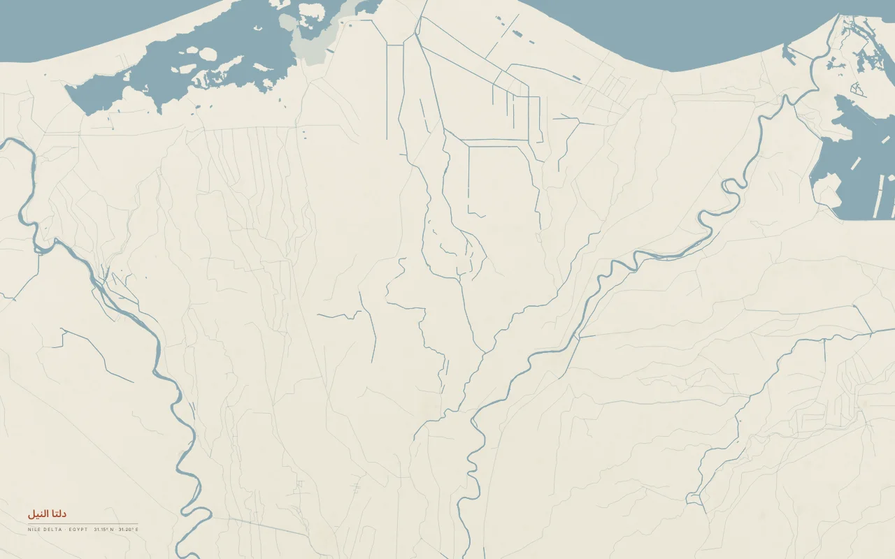 Nile Delta Delta in the Paper palette: The Nile fanning out between Cairo and the Mediterranean, with its canals and coastal lakes.