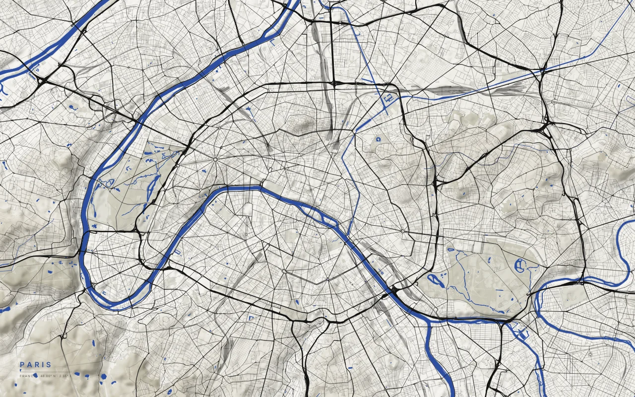 Paris Metro in the Ink and River palette: The Seine curving through a city of radial boulevards.