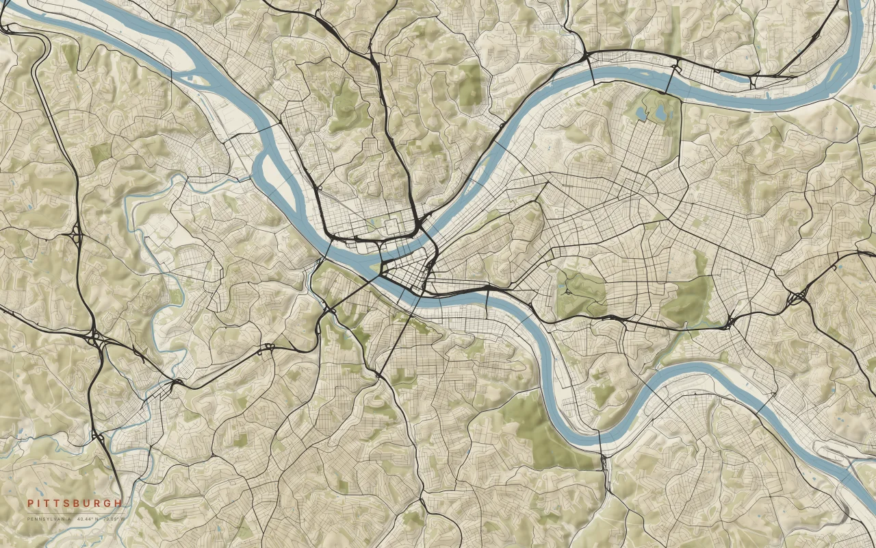 Pittsburgh Metro in the Paper palette: The Allegheny and Monongahela rivers join at the Point to form the Ohio.
