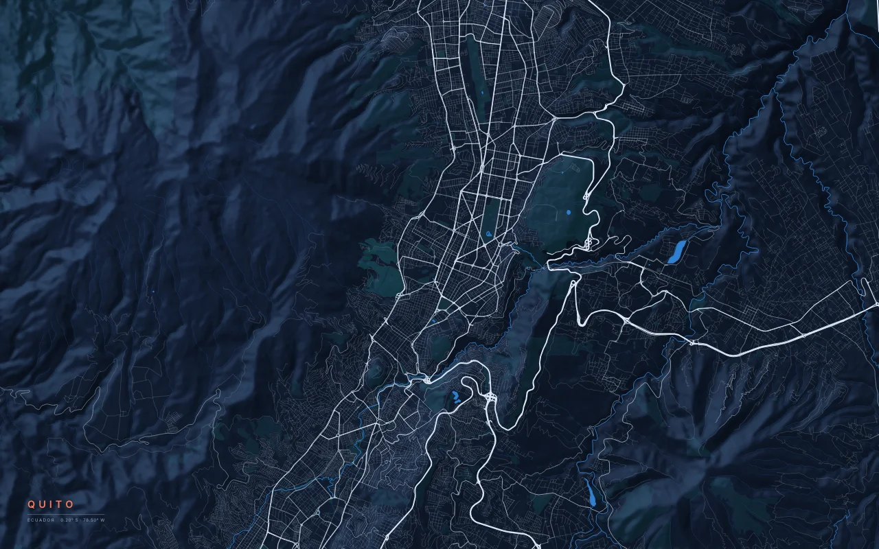 Quito Metro in the Night River palette: A long, narrow city in an Andean valley below the Pichincha volcano.