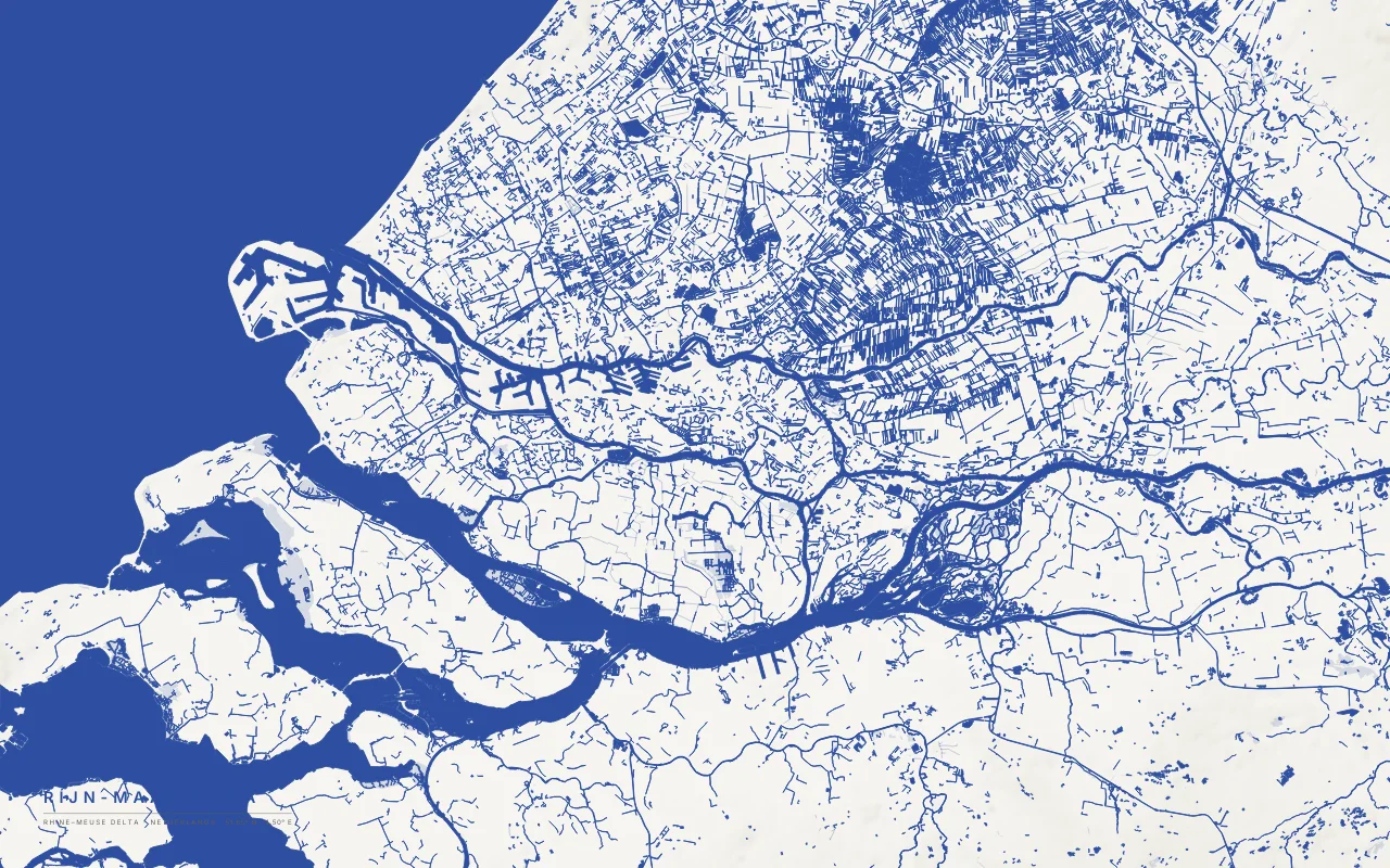 Rhine–Meuse Delta Delta in the Ink and River palette: Where the Rhine, Meuse, and Scheldt reach the North Sea through the Dutch delta.