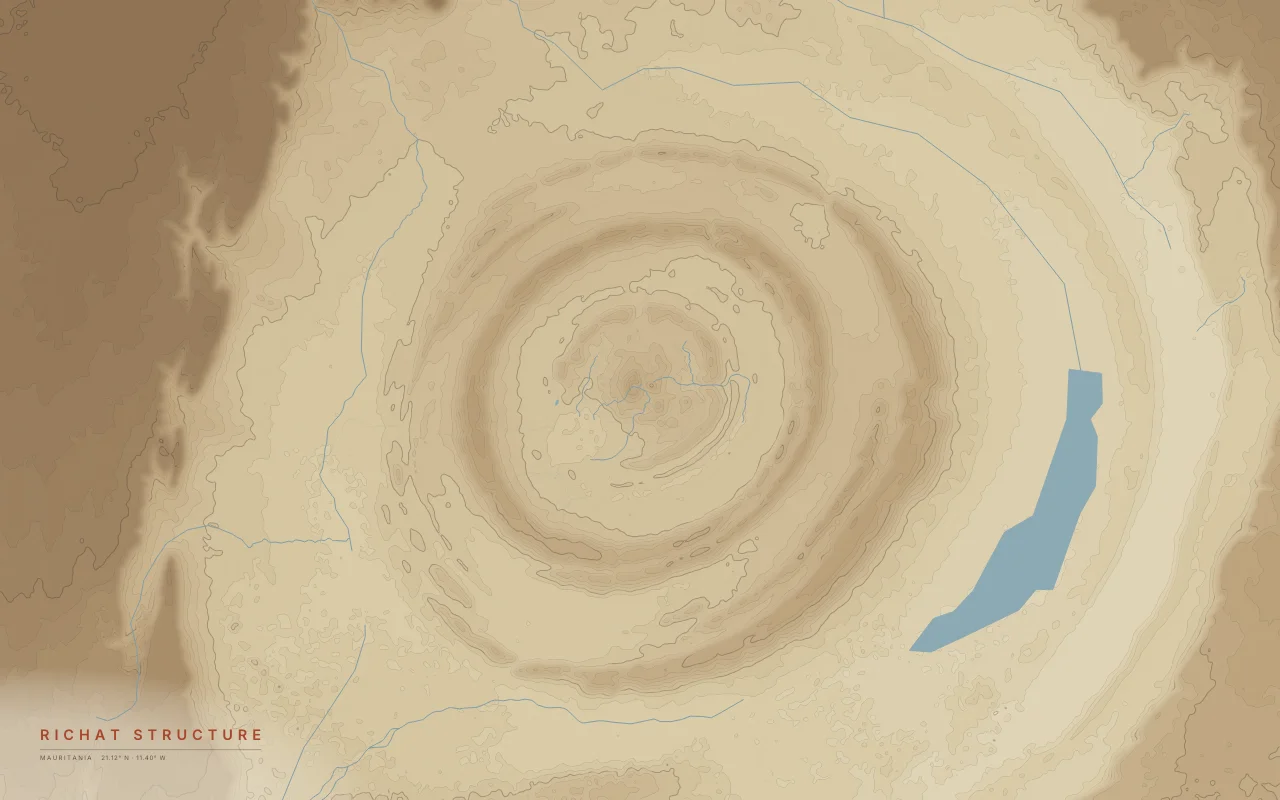 Richat Structure Structure in the Paper palette: Concentric rings of eroded rock about 40 km across in the Sahara.
