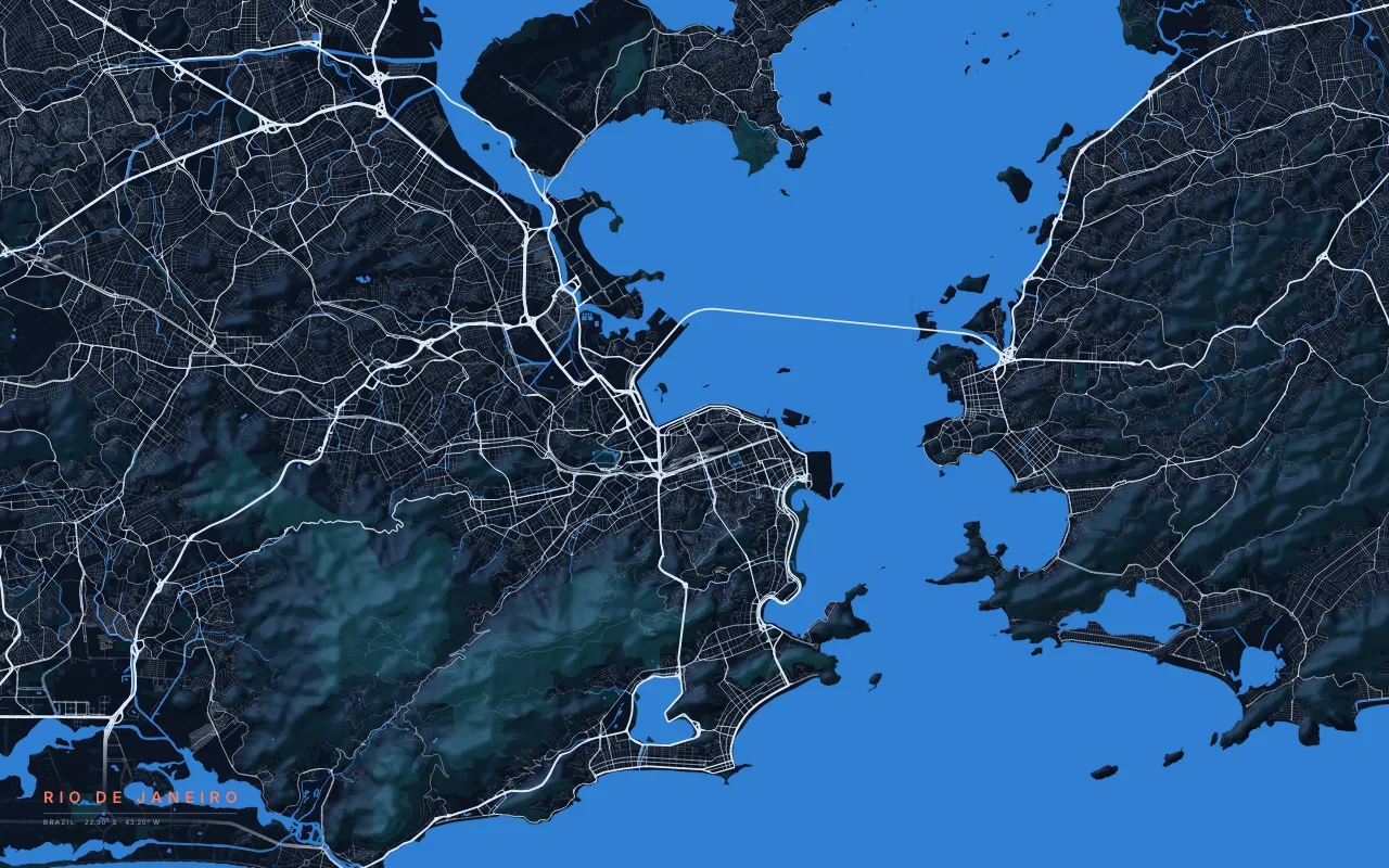 Rio de Janeiro Metro in the Night River palette: Guanabara Bay and the granite peaks of Tijuca, Corcovado, and Sugarloaf.