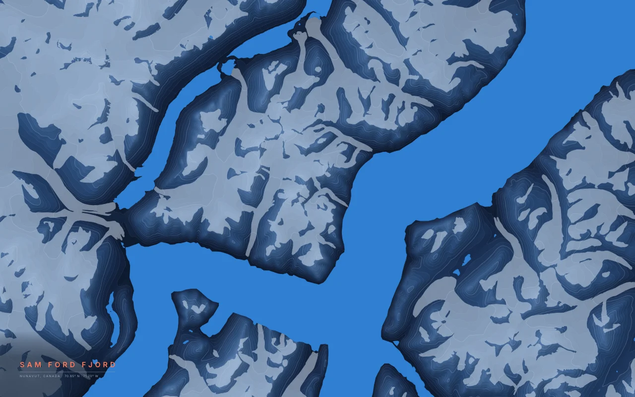 Sam Ford Fjord Fjord in the Night River palette: A fjord on Baffin Island lined with granite walls more than 1,000 m high.