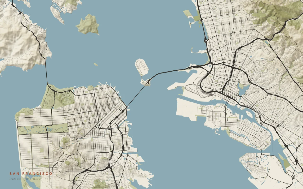San Francisco Metro in the Paper palette: The hilly tip of the peninsula, the Golden Gate, and the bay with Oakland and Berkeley across it.