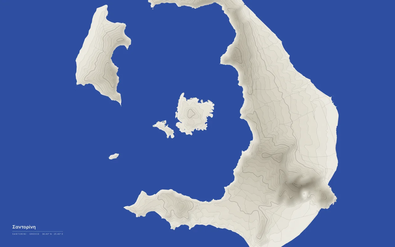 Santorini Caldera in the Ink and River palette: A flooded volcanic caldera ringed by the islands of Thera and Therasia.
