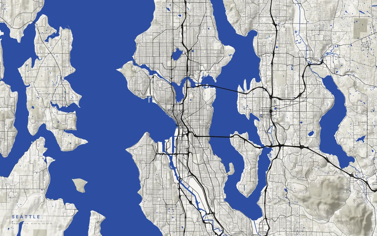 Seattle Metro in the Ink and River palette: Puget Sound and Lake Washington