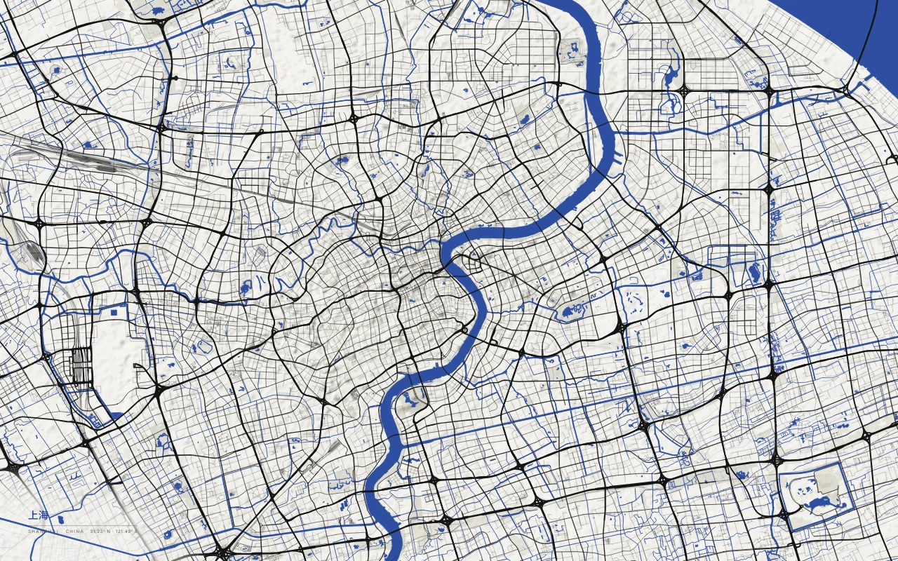 Shanghai Metro in the Ink and River palette: The Huangpu River curving through the city toward the Yangtze estuary.