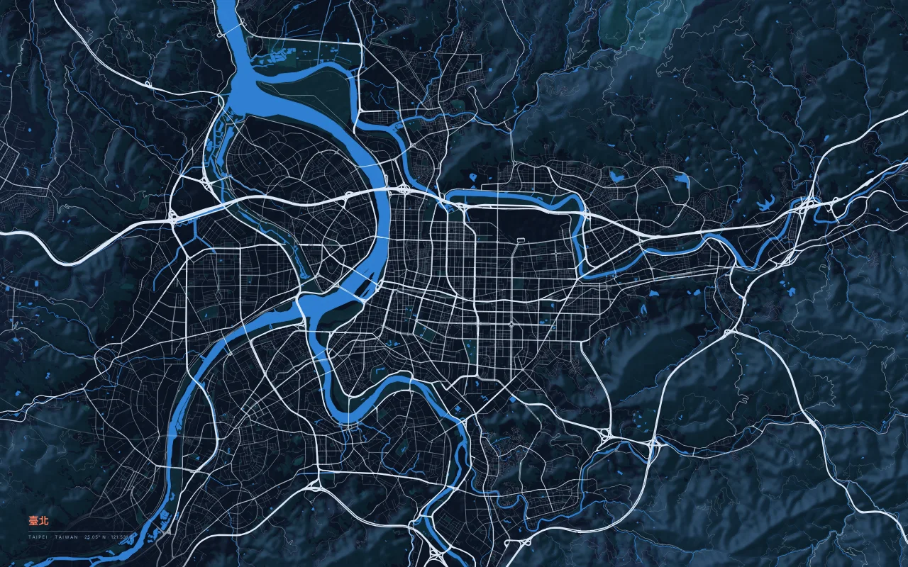 Taipei Metro in the Night River palette: A basin city where the Tamsui, Keelung, and Xindian rivers meet, ringed by mountains.