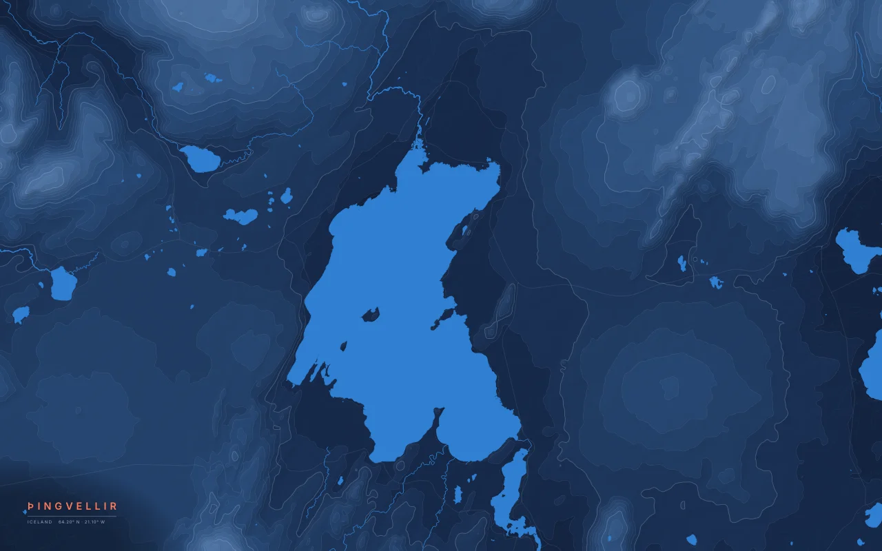 Þingvellir Rift in the Night River palette: A rift valley where the North American and Eurasian plates pull apart, beside Þingvallavatn.