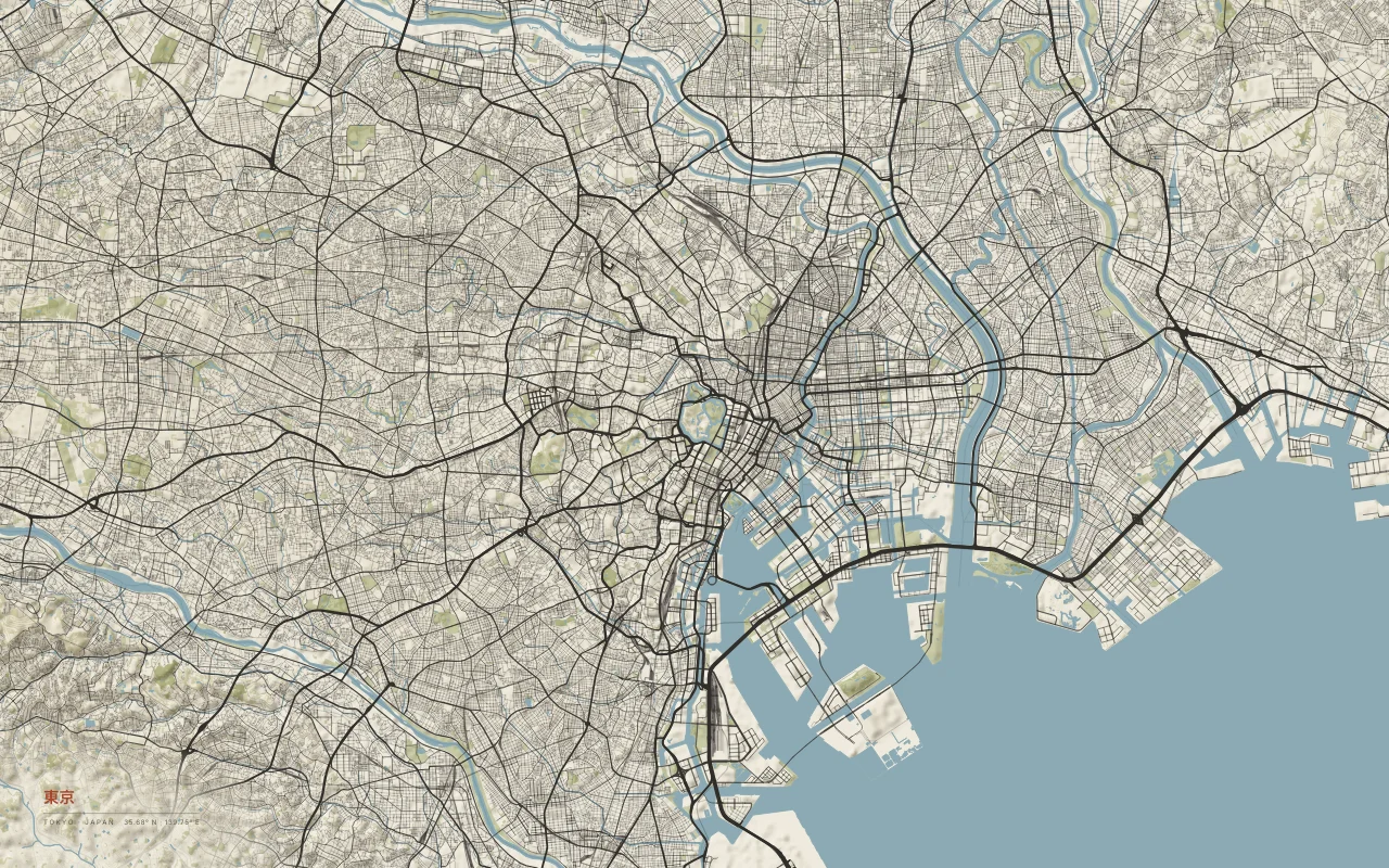Tokyo Metro in the Paper palette: A dense street web on Tokyo Bay, crossed by the Sumida and Arakawa rivers.