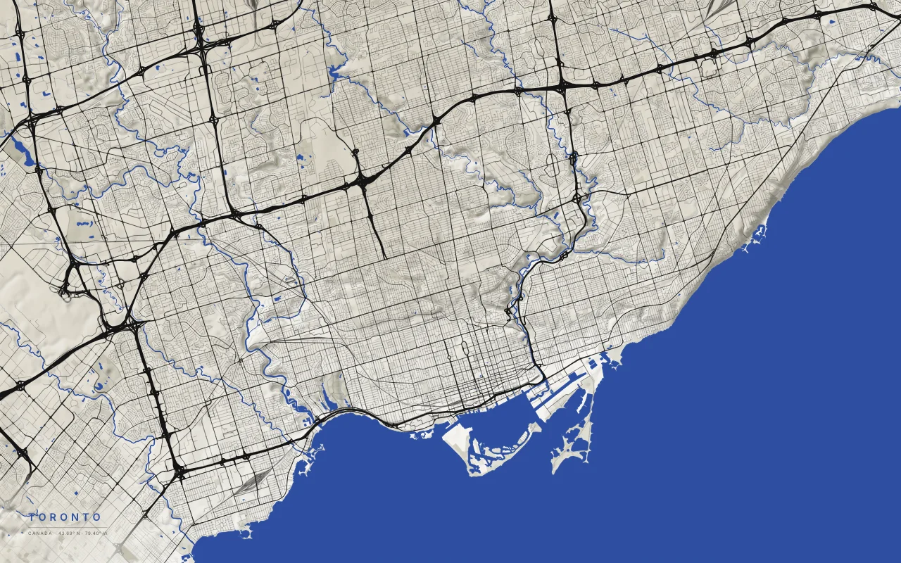 Toronto Metro in the Ink and River palette: A street grid on the north shore of Lake Ontario, cut by the Don and Humber river ravines.