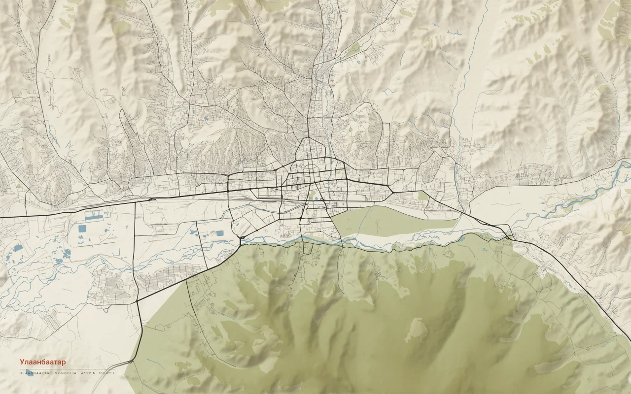 Ulaanbaatar Metro in the Paper palette: A city stretched along the Tuul River valley, between mountains.