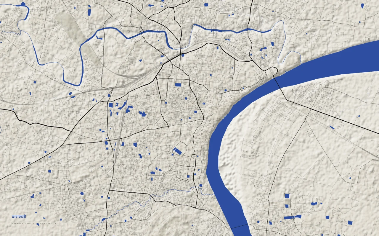 Varanasi Metro in the Ink and River palette: The old city lines the west bank of a crescent bend of the Ganges.