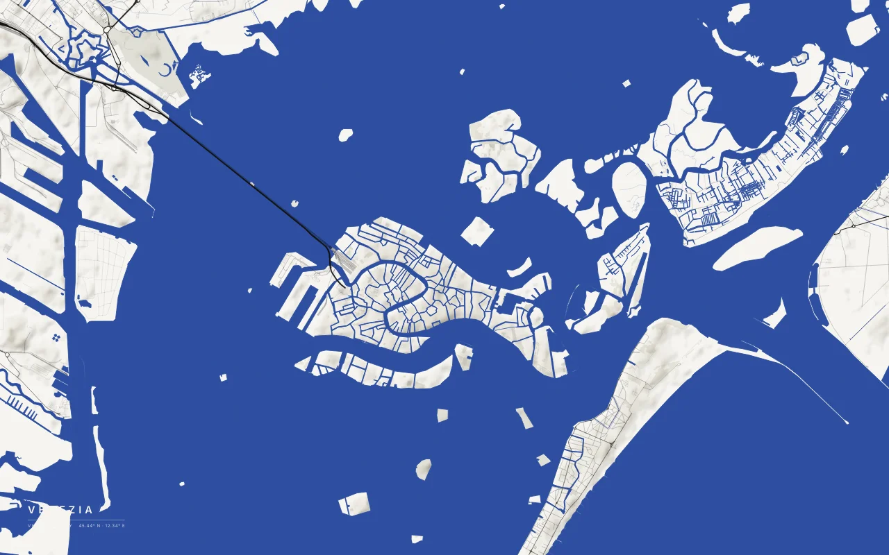 Venice Metro in the Ink and River palette: Islands of the old city in a shallow lagoon, linked to the mainland by a causeway.