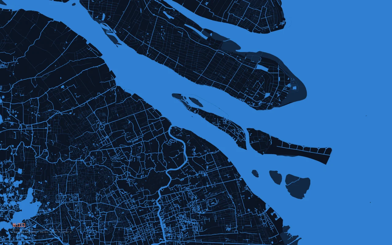 Yangtze Estuary Estuary in the Night River palette: The mouth of the Yangtze at Shanghai, with Chongming Island in the estuary.