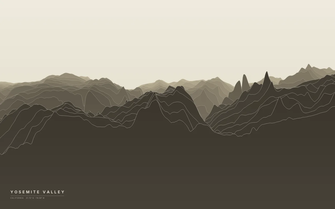 Yosemite Valley Ridgelines in the Paper palette: A glacier-carved valley between El Capitan and Half Dome.